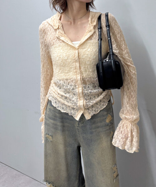 mline（エムライン）の「[mline]フード付き レースドロスト（Tシャツ/カットソー・レディース・ピンク/オフホワイト/アイボリー/ブラック・FREE）」の10枚目の写真