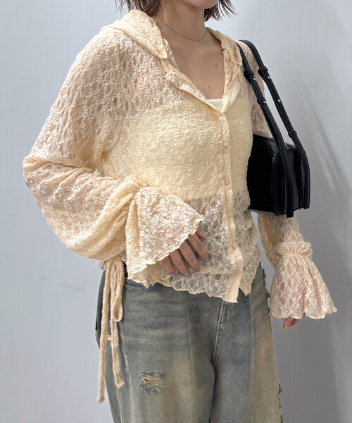 mline（エムライン）の「[mline]フード付き レースドロスト（Tシャツ/カットソー・レディース・ピンク/オフホワイト/アイボリー/ブラック・FREE）」の9枚目の写真