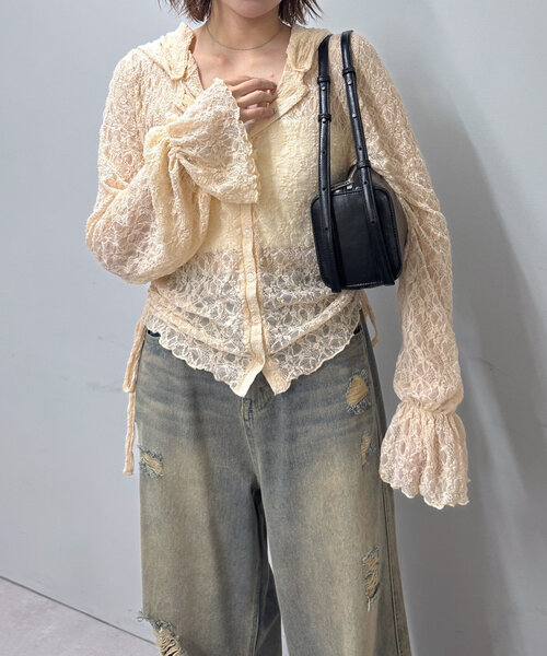 mline（エムライン）の「[mline]フード付き レースドロスト（Tシャツ/カットソー・レディース・ピンク/オフホワイト/アイボリー/ブラック・FREE）」の7枚目の写真