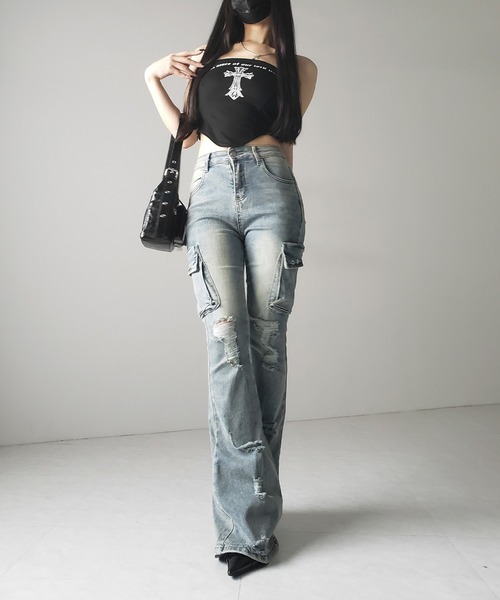me+em select(ミームセレクト)の「【 2color / 4size 】カーゴデザインヴィンテージライクダメージストレッチフレアデニム / cargo design vintage-like damage stretch flare denim(デニムパンツ・レディース・ブラック/ブルー・SMALL/MEDIUM/LARGE/X-LARGE)」の11枚目の写真