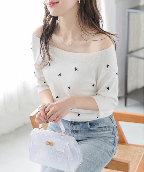 セール】2WAYハート刺繍サマーニットトップス（Tシャツ