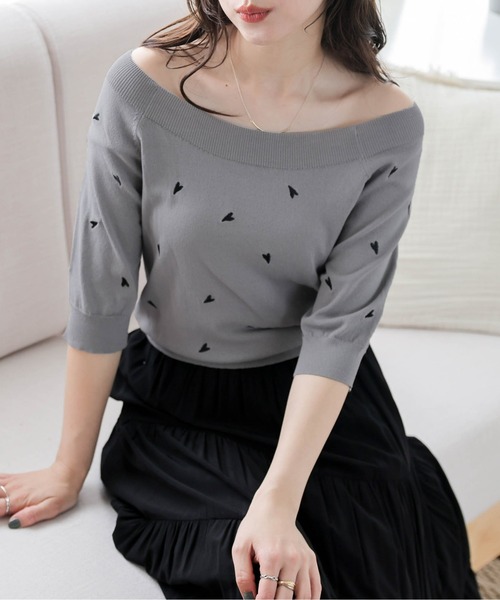 セール】2WAYハート刺繍サマーニットトップス（Tシャツ