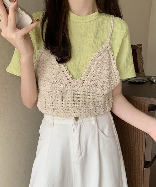 Girly Doll(ガーリードール)の「しわ加工Tシャツ&ニットビスチェ 2点セット(Tシャツ/カットソー・レディース・オレンジ/グリーン/ライトブルー/アイボリー・FREE)」の3枚目の写真