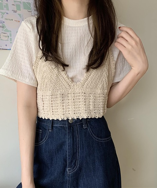 Girly Doll(ガーリードール)の「しわ加工Tシャツ&ニットビスチェ 2点セット(Tシャツ/カットソー・レディース・オレンジ/グリーン/ライトブルー/アイボリー・FREE)」の2枚目の写真