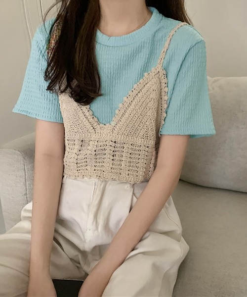 Girly Doll(ガーリードール)の「しわ加工Tシャツ&ニットビスチェ 2点セット(Tシャツ/カットソー・レディース・オレンジ/グリーン/ライトブルー/アイボリー・FREE)」の1枚目の写真