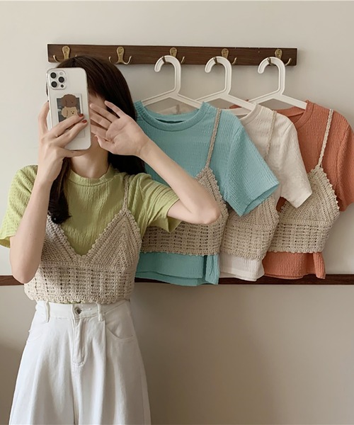 Girly Doll(ガーリードール)の「しわ加工Tシャツ&ニットビスチェ 2点セット(Tシャツ/カットソー・レディース・オレンジ/グリーン/ライトブルー/アイボリー・FREE)」の9枚目の写真