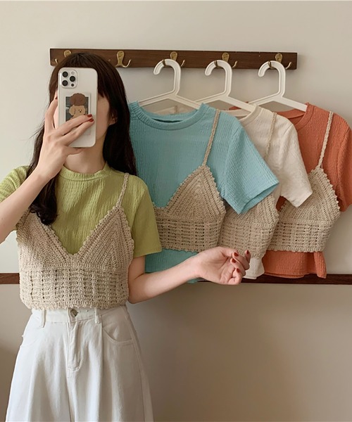 Girly Doll(ガーリードール)の「しわ加工Tシャツ&ニットビスチェ 2点セット(Tシャツ/カットソー・レディース・オレンジ/グリーン/ライトブルー/アイボリー・FREE)」の10枚目の写真
