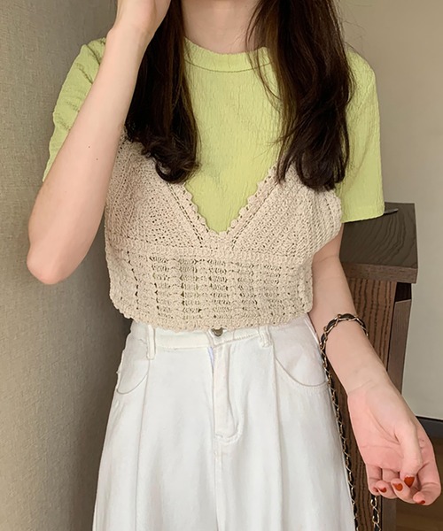 Girly Doll(ガーリードール)の「しわ加工Tシャツ&ニットビスチェ 2点セット(Tシャツ/カットソー・レディース・オレンジ/グリーン/ライトブルー/アイボリー・FREE)」の16枚目の写真