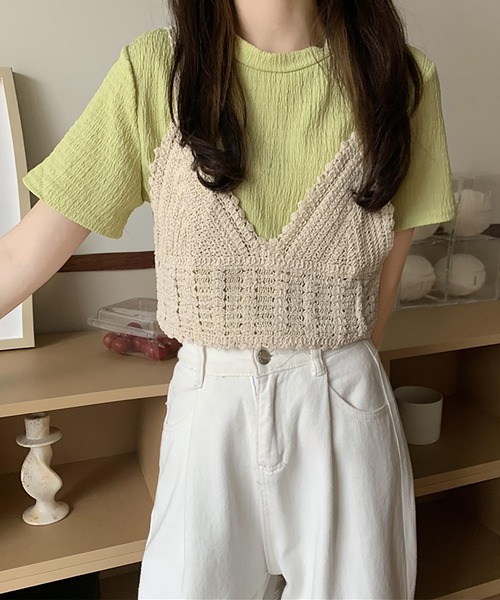 Girly Doll(ガーリードール)の「しわ加工Tシャツ&ニットビスチェ 2点セット(Tシャツ/カットソー・レディース・オレンジ/グリーン/ライトブルー/アイボリー・FREE)」の17枚目の写真