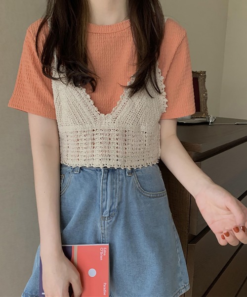 Girly Doll(ガーリードール)の「しわ加工Tシャツ&ニットビスチェ 2点セット(Tシャツ/カットソー・レディース・オレンジ/グリーン/ライトブルー/アイボリー・FREE)」の21枚目の写真