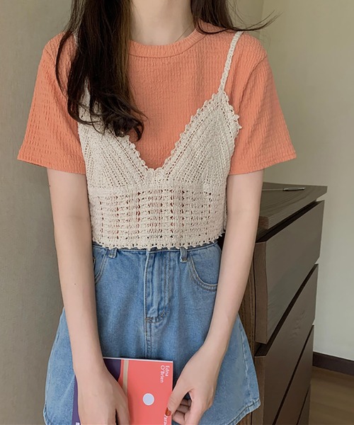 Girly Doll(ガーリードール)の「しわ加工Tシャツ&ニットビスチェ 2点セット(Tシャツ/カットソー・レディース・オレンジ/グリーン/ライトブルー/アイボリー・FREE)」の15枚目の写真