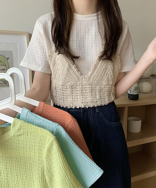 Girly Doll(ガーリードール)の「しわ加工Tシャツ&ニットビスチェ 2点セット(Tシャツ/カットソー・レディース・オレンジ/グリーン/ライトブルー/アイボリー・FREE)」の11枚目の写真