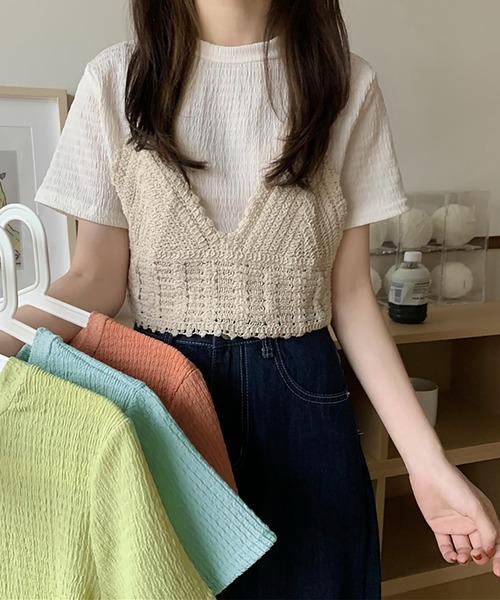 Girly Doll(ガーリードール)の「しわ加工Tシャツ&ニットビスチェ 2点セット(Tシャツ/カットソー・レディース・オレンジ/グリーン/ライトブルー/アイボリー・FREE)」の5枚目の写真