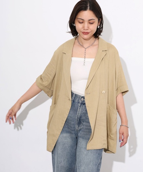 Floran(フローラン)の「ライトフレンチリネンハーフスリーブジャケット(テーラードジャケット・レディース・ベージュ/ブラック/オフホワイト・FREE)」の2枚目の写真