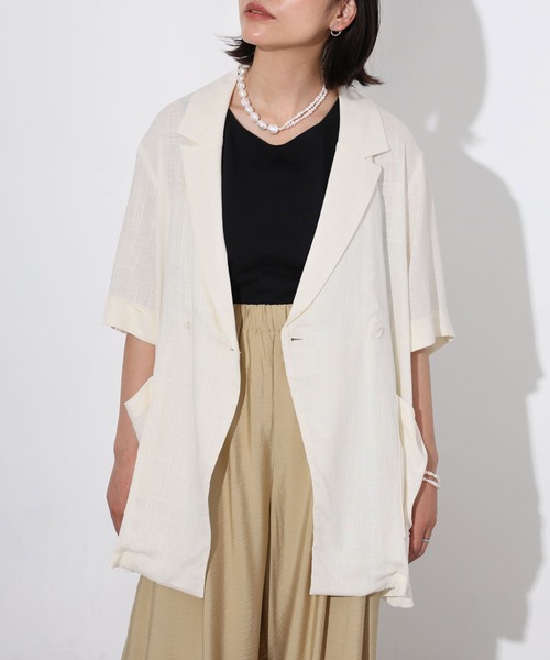 Floran(フローラン)の「ライトフレンチリネンハーフスリーブジャケット(テーラードジャケット・レディース・ベージュ/ブラック/オフホワイト・FREE)」の5枚目の写真