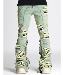 セ*ー様 GUAPI スライムグリーン ニットパッチ デニムジーンズ 28 L.H.P（エルエイチピー）の「GUAPI/グアピ/Slime Green Knit Patches