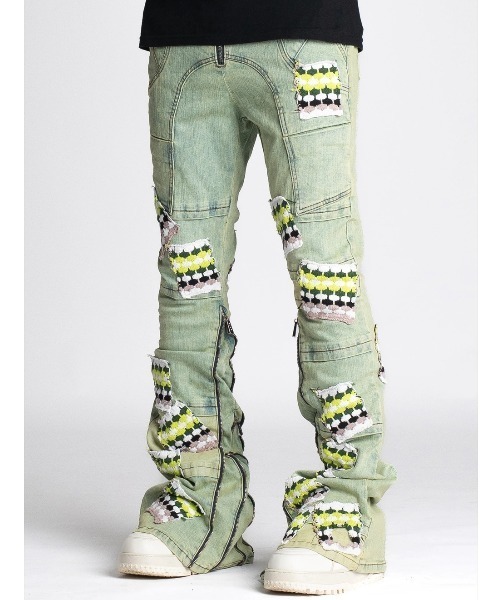 GUAPI/グアピ/Slime Green Knit Patches Denim（デニムパンツ