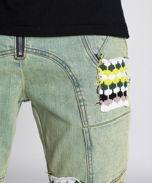 GUAPI/グアピ/Slime Green Knit Patches Denim（デニムパンツ