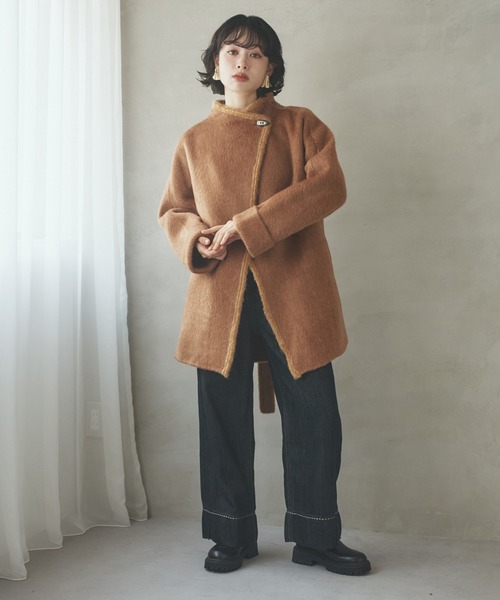LAULEN(ローレン)の「cashmere stand collar toggle coat /カシミアスタンドカラートグルミディコート(ステンカラーコート・レディース・アイボリー/チャコールグレー/ブラウン・FREE)」の4枚目の写真
