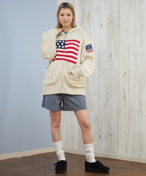 ムラサキスポーツ(ムラサキスポーツ)の「RIKKA FEMME/リッカファム ニット セーター ジップアップパーカー 星条旗 RF25FW18(パーカー・レディース・グレー/アイボリー・FREE)」の8枚目の写真