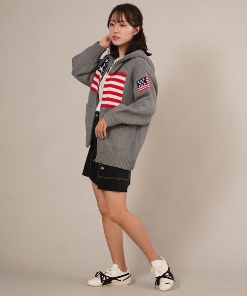 ムラサキスポーツ(ムラサキスポーツ)の「RIKKA FEMME/リッカファム ニット セーター ジップアップパーカー 星条旗 RF25FW18(パーカー・レディース・グレー/アイボリー・FREE)」の13枚目の写真