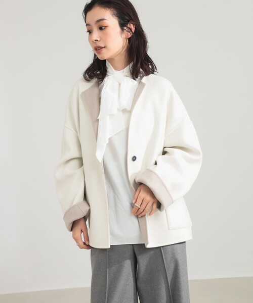 Demi-Luxe BEAMS（デミルクス ビームス）の「リバー ミドルコート（ノーカラーコート・レディース・ベージュ/ネイビー・36/38）」の8枚目の写真