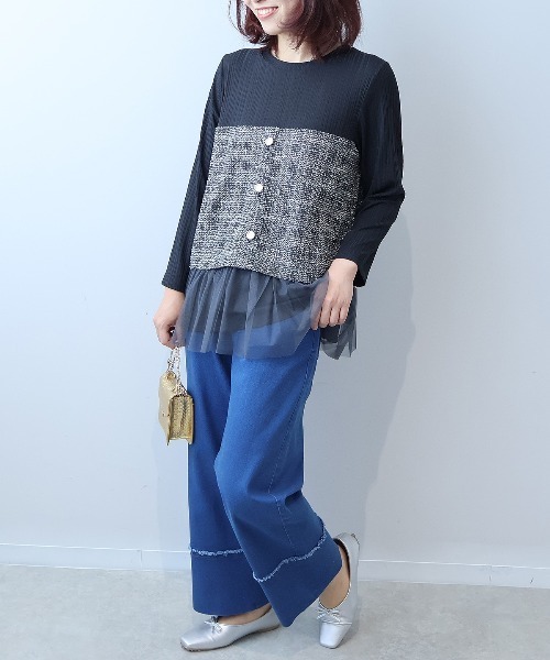 leswel(レスウェル)の「【L~5L 大きいサイズ】ツイードビスチェレイヤードブルオーバー カットソー(Tシャツ/カットソー・レディース・ブラック/ベージュ/ブラック×ホワイト・L/LL/3L/4L/5L)」の4枚目の写真