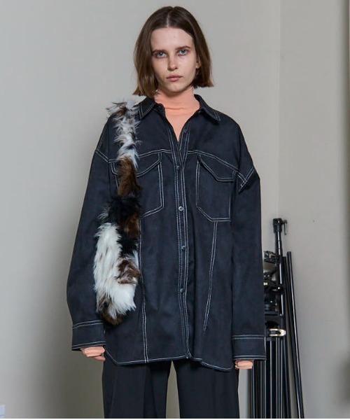 セール】Bicolor Stitched Suede Shirt/バイカラーステッチスウェード