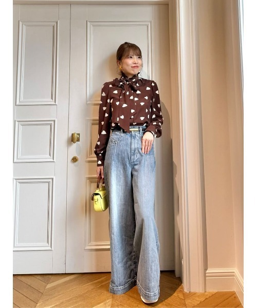 極美品　ルルウィルビー　プチハートプリントブラウス　フリル　シアー　長袖 WEB限定【LOULOU WILLOUGHBY】デシンハートプリントボウタイ