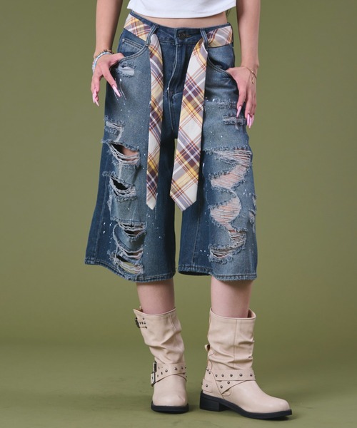 dispark（ディスパーク）の「DISPARK/タイ付きダメージハーフデニムパンツ（デニムパンツ・レディース・ブルー系1/ブラック系2・MEDIUM/SMALL）」の2枚目の写真