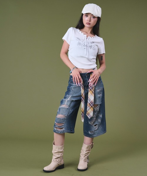 dispark（ディスパーク）の「DISPARK/タイ付きダメージハーフデニムパンツ（デニムパンツ・レディース・ブルー系1/ブラック系2・MEDIUM/SMALL）」の13枚目の写真