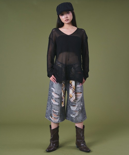 dispark（ディスパーク）の「DISPARK/タイ付きダメージハーフデニムパンツ（デニムパンツ・レディース・ブルー系1/ブラック系2・MEDIUM/SMALL）」の12枚目の写真