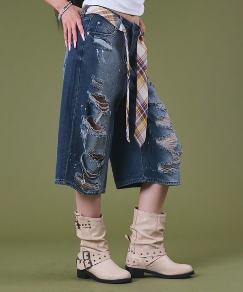 dispark（ディスパーク）の「DISPARK/タイ付きダメージハーフデニムパンツ（デニムパンツ・レディース・ブルー系1/ブラック系2・MEDIUM/SMALL）」の19枚目の写真