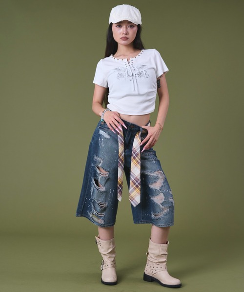 dispark（ディスパーク）の「DISPARK/タイ付きダメージハーフデニムパンツ（デニムパンツ・レディース・ブルー系1/ブラック系2・MEDIUM/SMALL）」の20枚目の写真