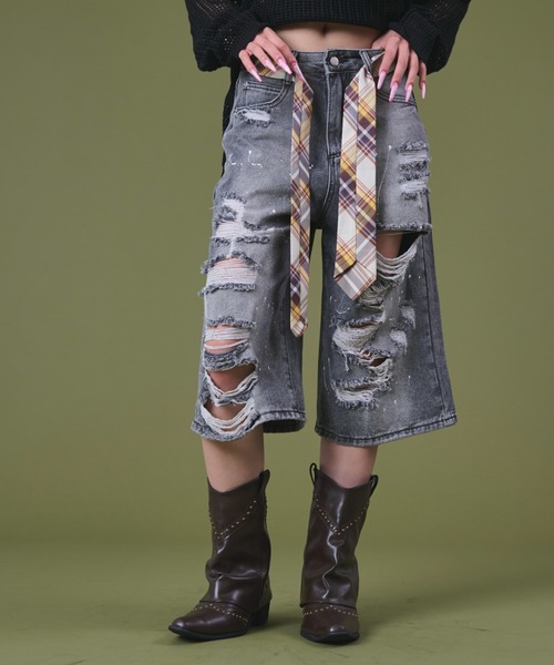 dispark（ディスパーク）の「DISPARK/タイ付きダメージハーフデニムパンツ（デニムパンツ・レディース・ブルー系1/ブラック系2・MEDIUM/SMALL）」の14枚目の写真