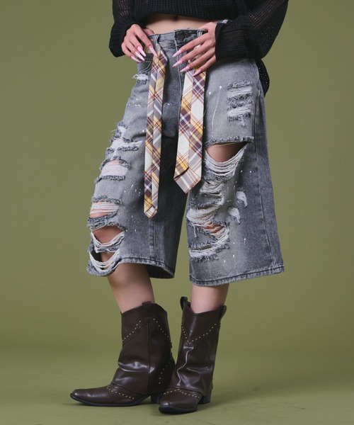 dispark（ディスパーク）の「DISPARK/タイ付きダメージハーフデニムパンツ（デニムパンツ・レディース・ブルー系1/ブラック系2・MEDIUM/SMALL）」の15枚目の写真