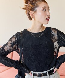FREAK'S STORE ブラックレース半袖トップス FREAK'S STORE｜フリークスストアのTシャツ/カットソー（レース