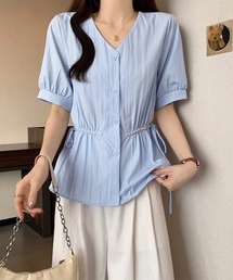 ドロストシャツブラウス パール付夏服半袖
