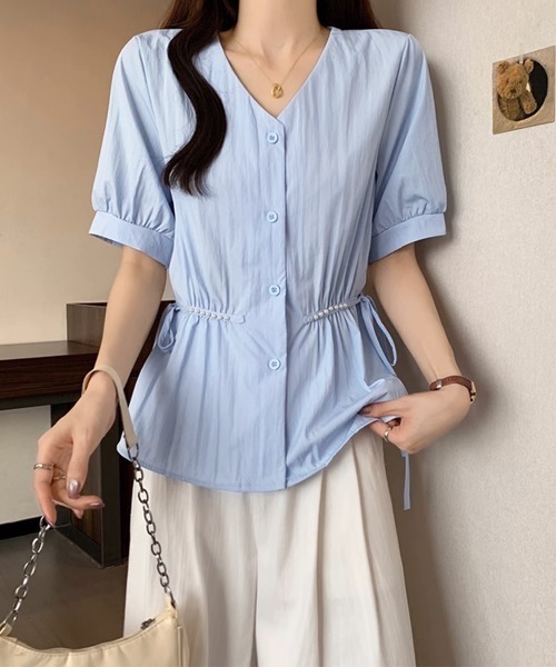 Miniministore(ミニミニストア)の「ドロストシャツブラウス パール付夏服半袖(シャツ/ブラウス・レディース・ホワイト/ブルー/ブラック・L/M)」の2枚目の写真