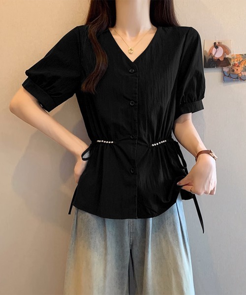 Miniministore(ミニミニストア)の「ドロストシャツブラウス パール付夏服半袖(シャツ/ブラウス・レディース・ホワイト/ブルー/ブラック・L/M)」の3枚目の写真