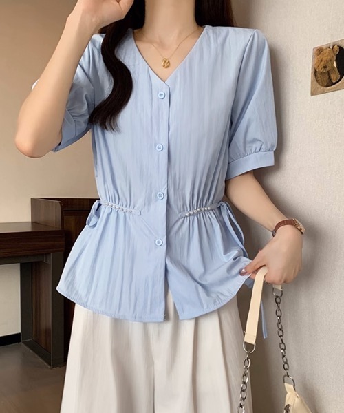 Miniministore(ミニミニストア)の「ドロストシャツブラウス パール付夏服半袖(シャツ/ブラウス・レディース・ホワイト/ブルー/ブラック・L/M)」の17枚目の写真