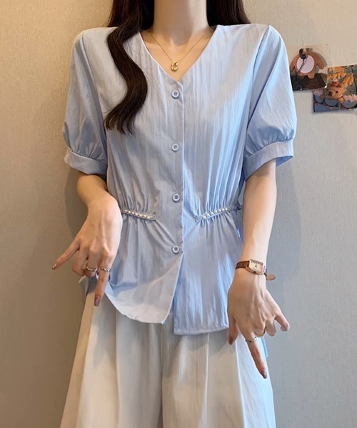 Miniministore(ミニミニストア)の「ドロストシャツブラウス パール付夏服半袖(シャツ/ブラウス・レディース・ホワイト/ブルー/ブラック・L/M)」の18枚目の写真