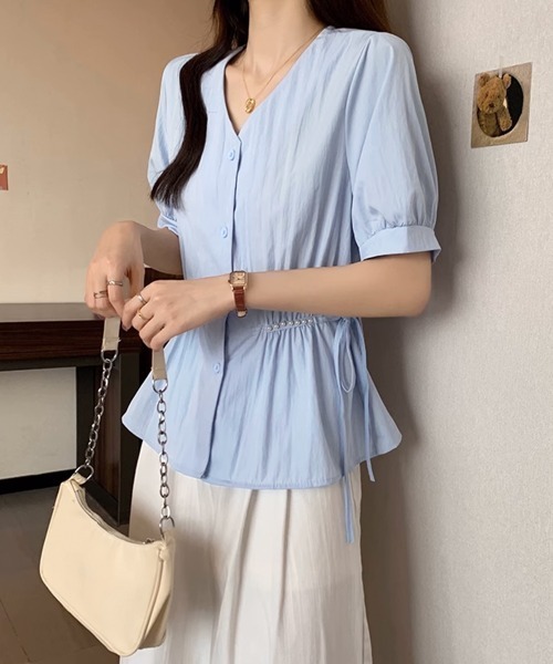 Miniministore(ミニミニストア)の「ドロストシャツブラウス パール付夏服半袖(シャツ/ブラウス・レディース・ホワイト/ブルー/ブラック・L/M)」の19枚目の写真