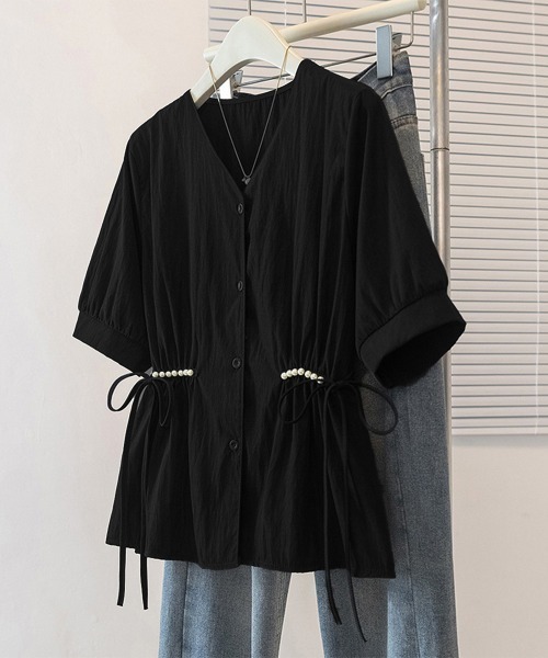 Miniministore(ミニミニストア)の「ドロストシャツブラウス パール付夏服半袖(シャツ/ブラウス・レディース・ホワイト/ブルー/ブラック・L/M)」の21枚目の写真
