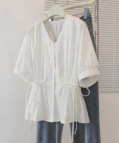Miniministore(ミニミニストア)の「ドロストシャツブラウス パール付夏服半袖(シャツ/ブラウス・レディース・ホワイト/ブルー/ブラック・L/M)」の22枚目の写真
