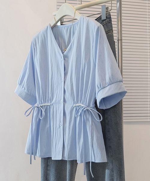 Miniministore(ミニミニストア)の「ドロストシャツブラウス パール付夏服半袖(シャツ/ブラウス・レディース・ホワイト/ブルー/ブラック・L/M)」の11枚目の写真