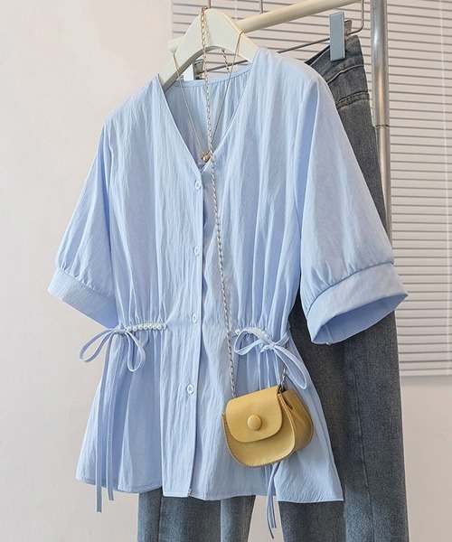 Miniministore(ミニミニストア)の「ドロストシャツブラウス パール付夏服半袖(シャツ/ブラウス・レディース・ホワイト/ブルー/ブラック・L/M)」の12枚目の写真