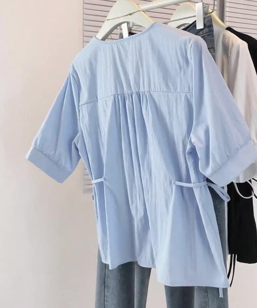 Miniministore(ミニミニストア)の「ドロストシャツブラウス パール付夏服半袖(シャツ/ブラウス・レディース・ホワイト/ブルー/ブラック・L/M)」の14枚目の写真
