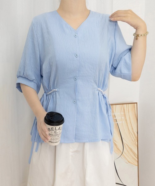 Miniministore(ミニミニストア)の「ドロストシャツブラウス パール付夏服半袖(シャツ/ブラウス・レディース・ホワイト/ブルー/ブラック・L/M)」の5枚目の写真