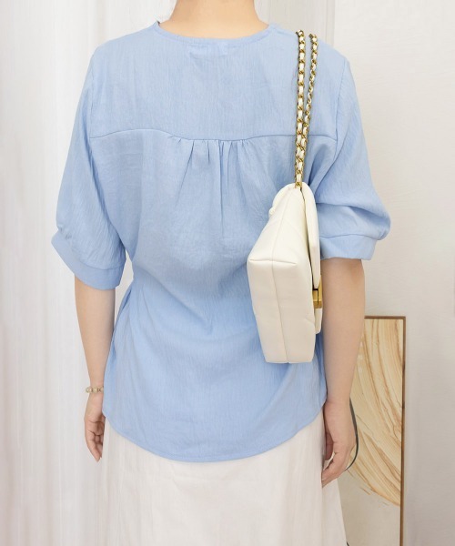 Miniministore(ミニミニストア)の「ドロストシャツブラウス パール付夏服半袖(シャツ/ブラウス・レディース・ホワイト/ブルー/ブラック・L/M)」の7枚目の写真